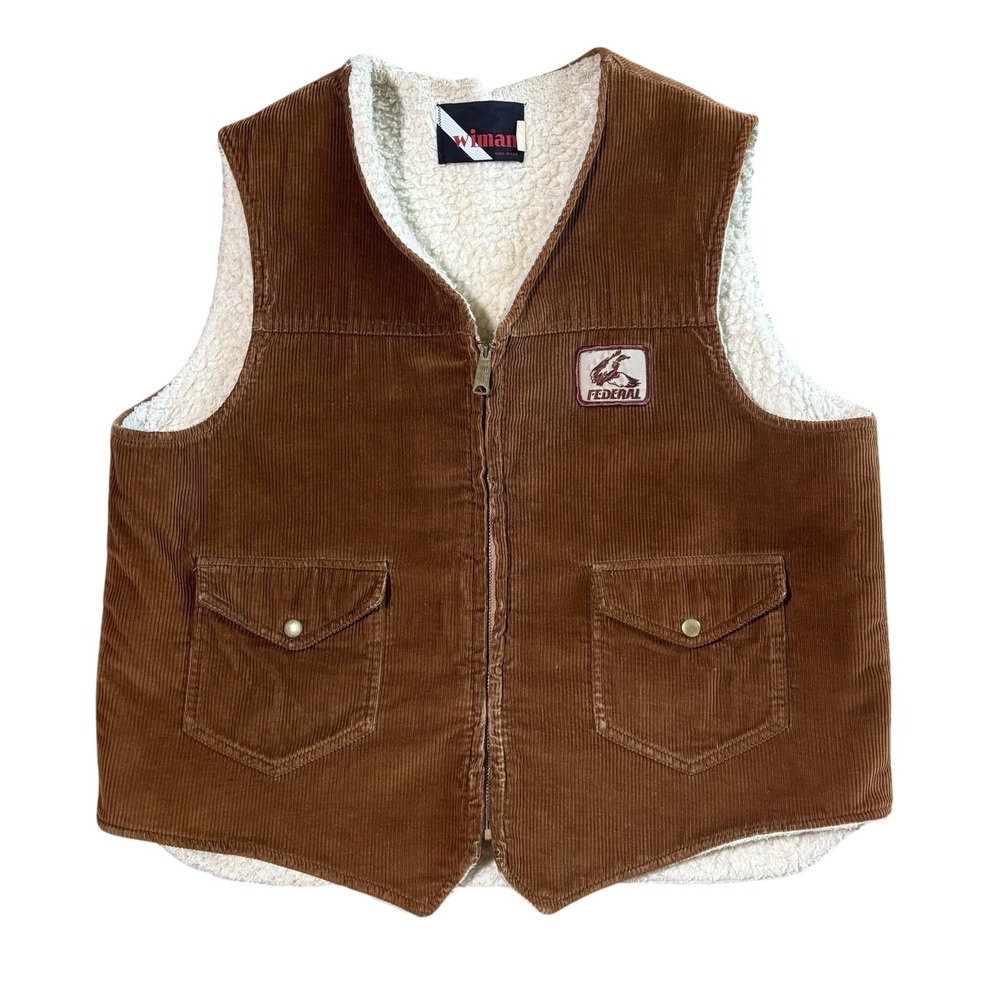 Vintage Wiman Vest Mens XL Brown Corduroy Sherpa Lined Hunting Federal USA